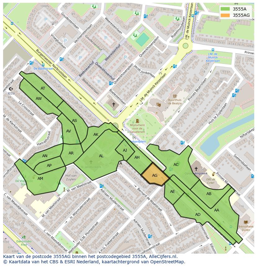 Afbeelding van het postcodegebied 3555 AG op de kaart.