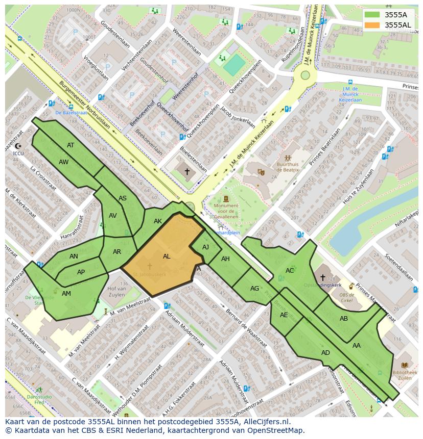Afbeelding van het postcodegebied 3555 AL op de kaart.
