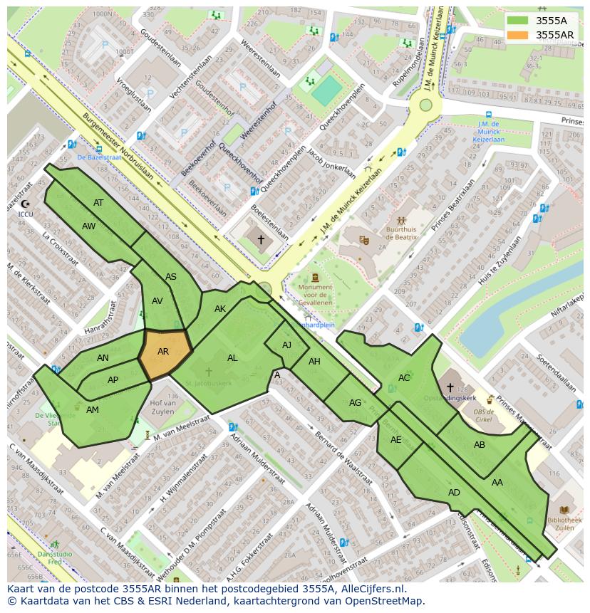 Afbeelding van het postcodegebied 3555 AR op de kaart.