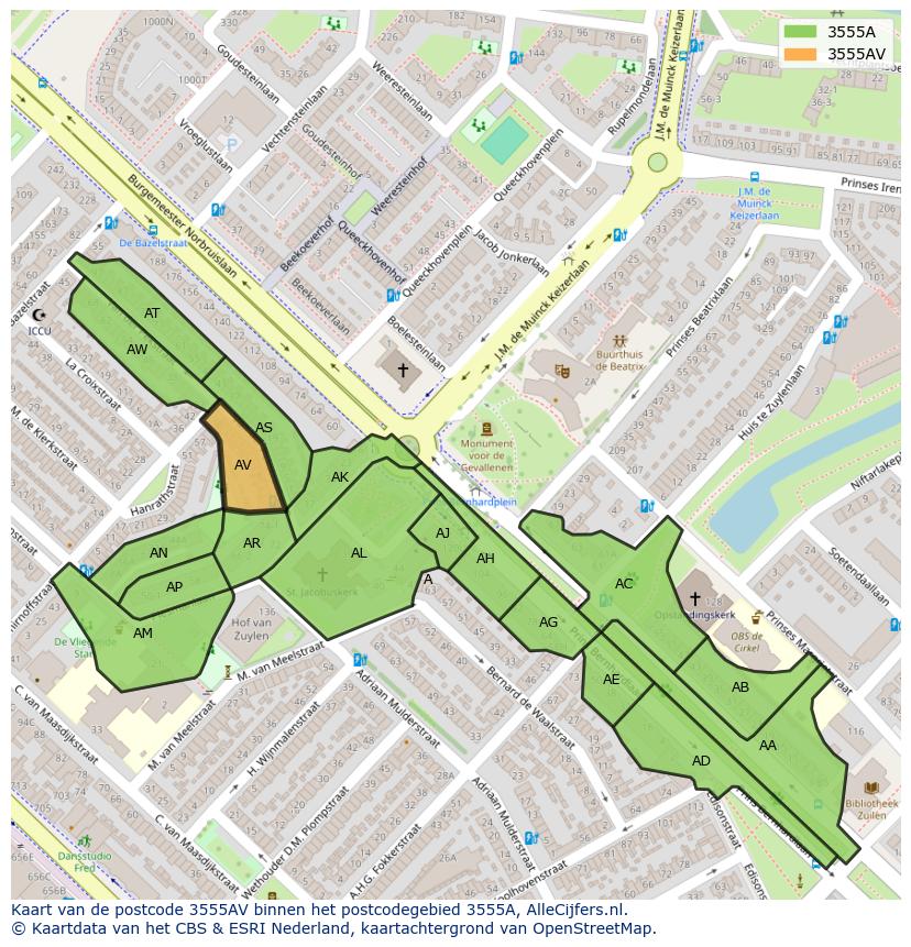 Afbeelding van het postcodegebied 3555 AV op de kaart.