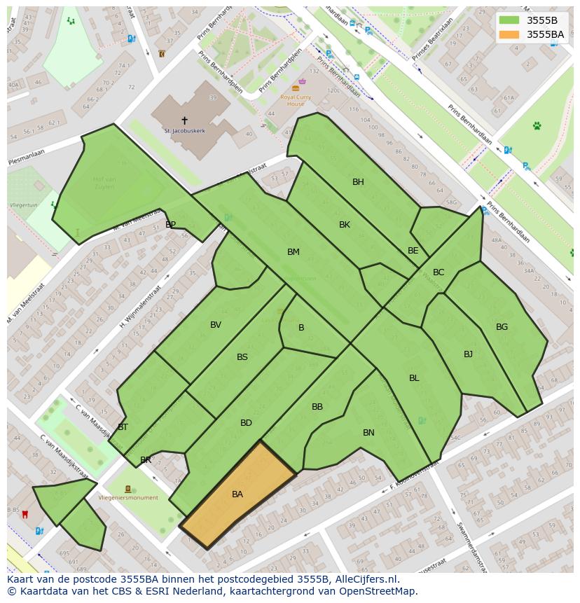 Afbeelding van het postcodegebied 3555 BA op de kaart.