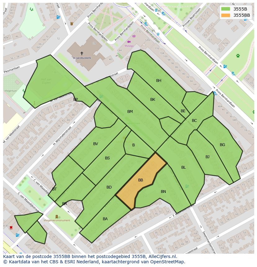 Afbeelding van het postcodegebied 3555 BB op de kaart.