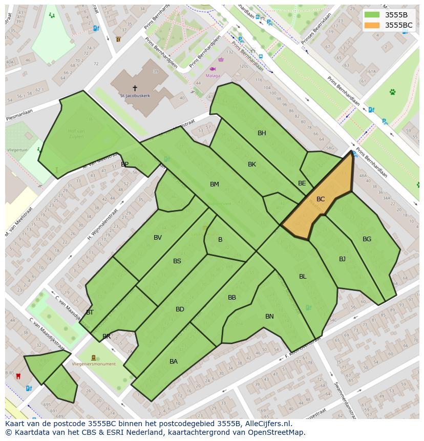 Afbeelding van het postcodegebied 3555 BC op de kaart.