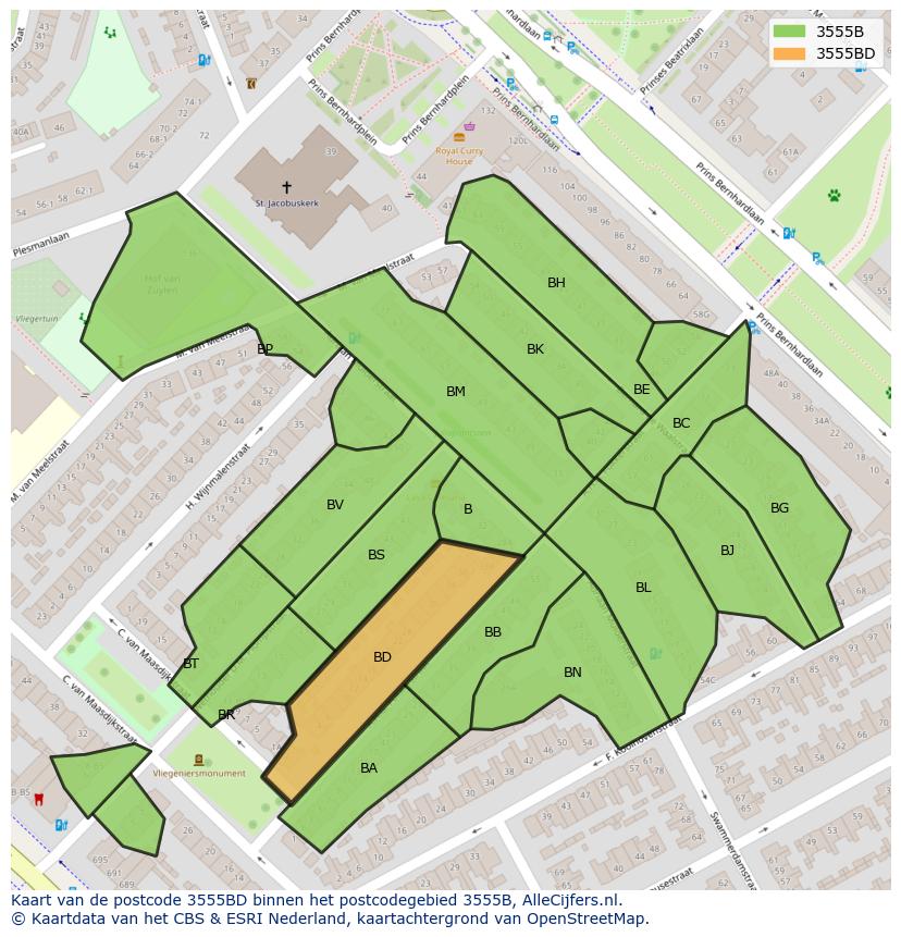 Afbeelding van het postcodegebied 3555 BD op de kaart.