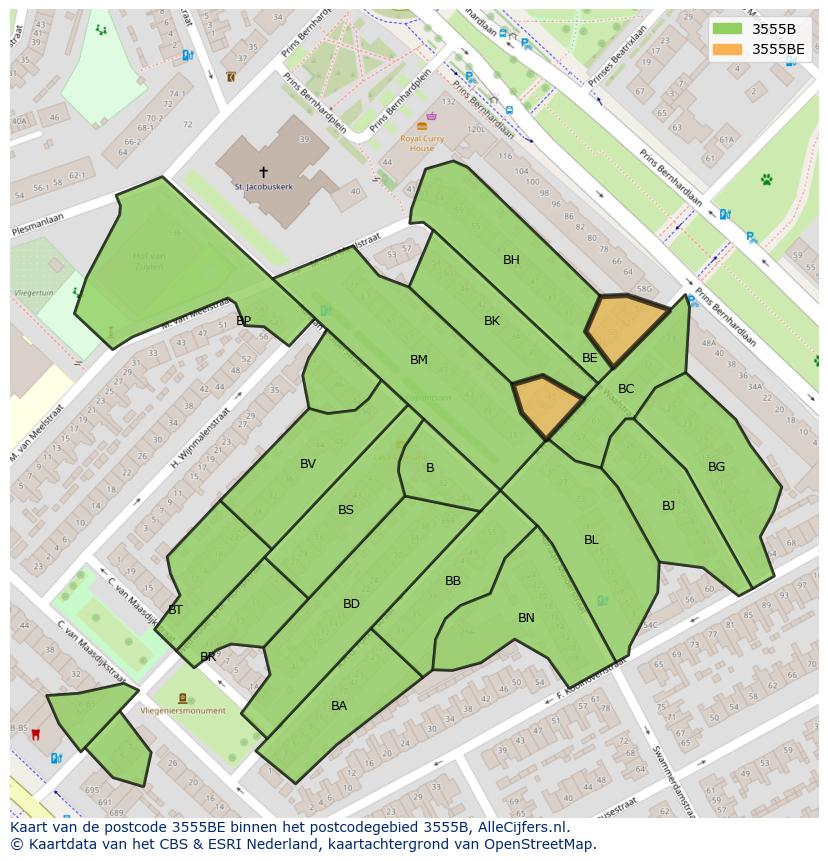 Afbeelding van het postcodegebied 3555 BE op de kaart.