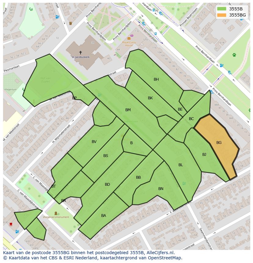 Afbeelding van het postcodegebied 3555 BG op de kaart.