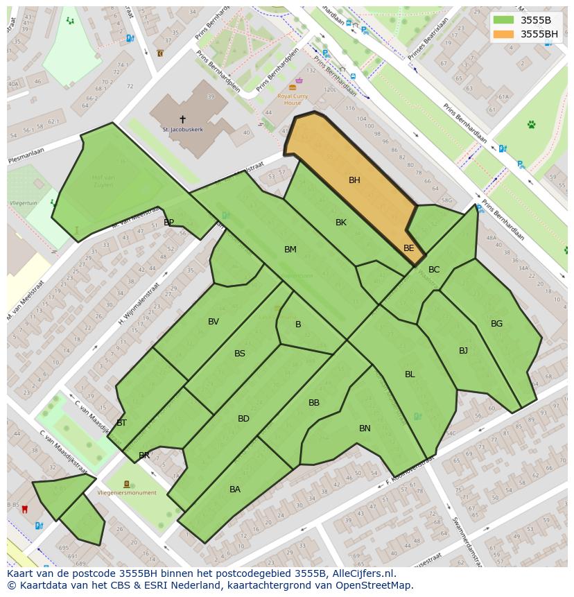 Afbeelding van het postcodegebied 3555 BH op de kaart.