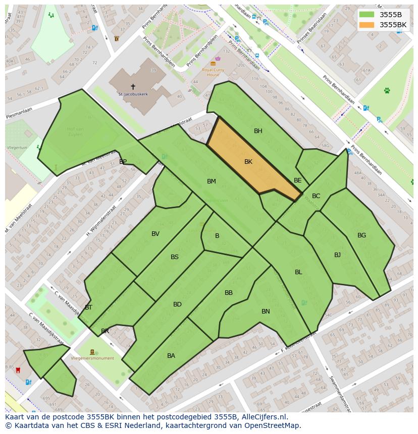 Afbeelding van het postcodegebied 3555 BK op de kaart.