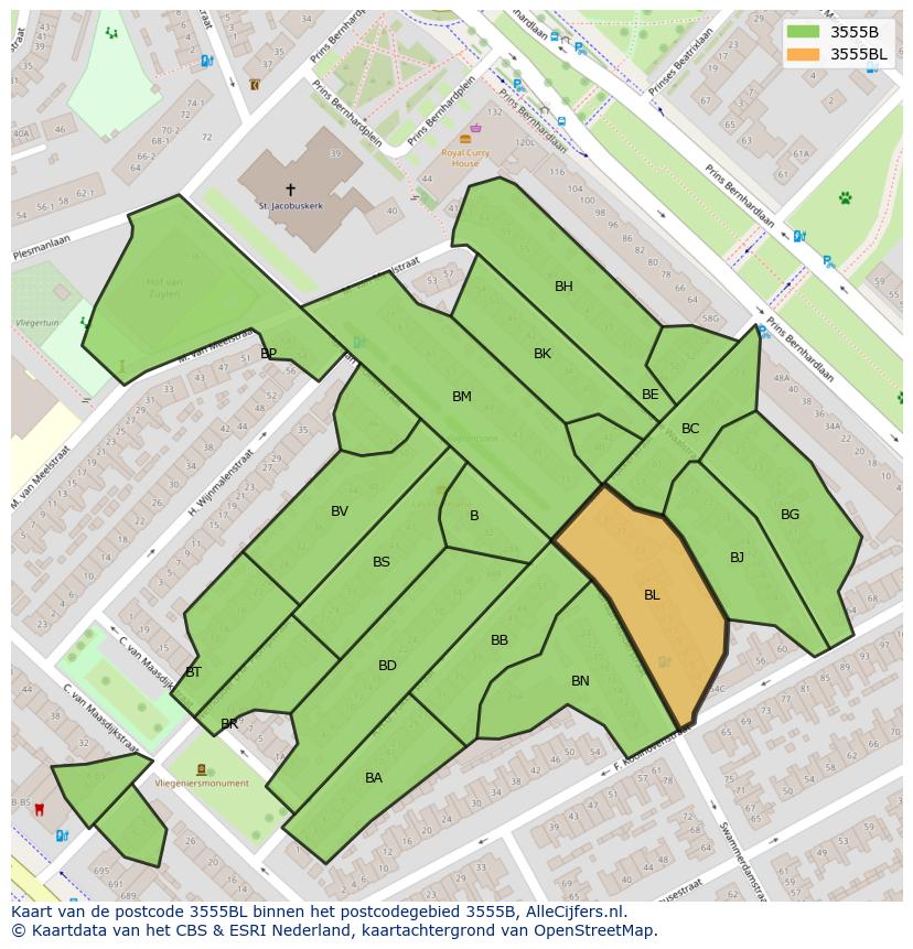 Afbeelding van het postcodegebied 3555 BL op de kaart.
