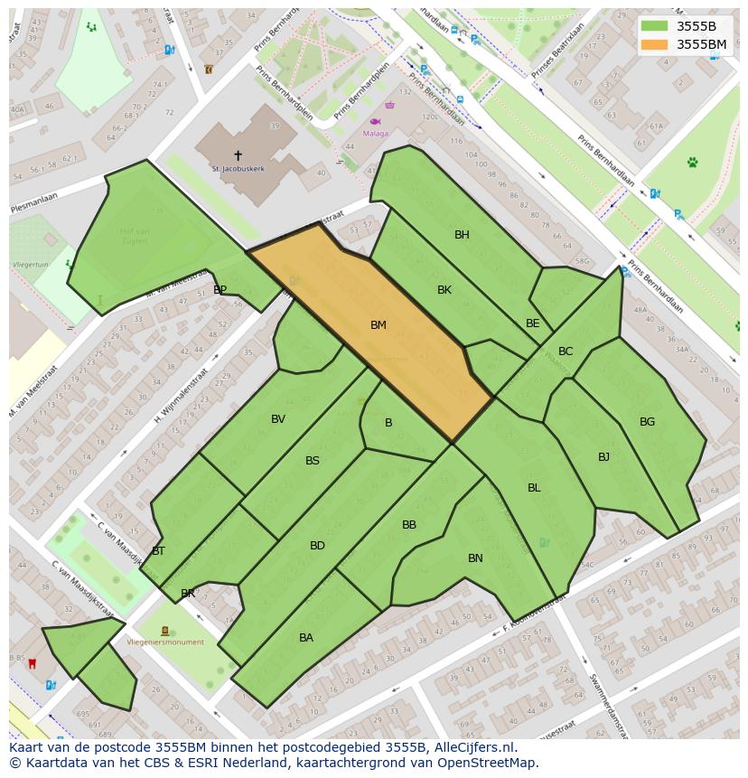 Afbeelding van het postcodegebied 3555 BM op de kaart.