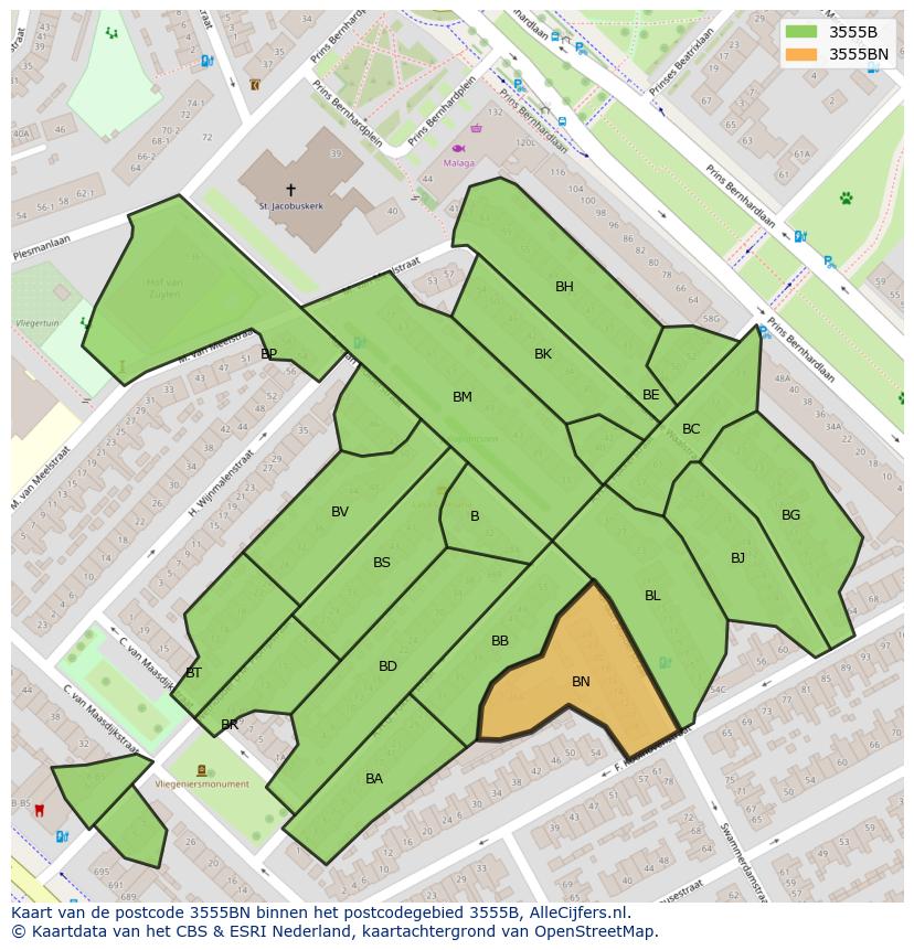 Afbeelding van het postcodegebied 3555 BN op de kaart.