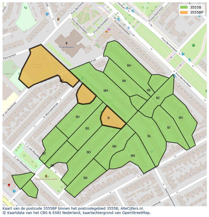 Afbeelding van het postcodegebied 3555 BP op de kaart.