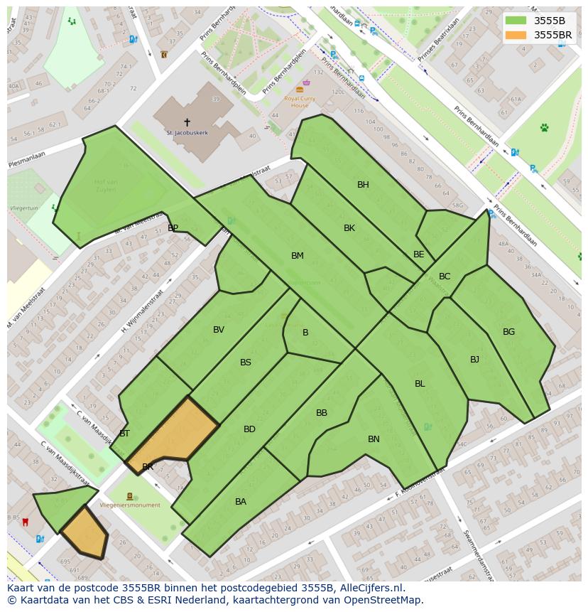 Afbeelding van het postcodegebied 3555 BR op de kaart.