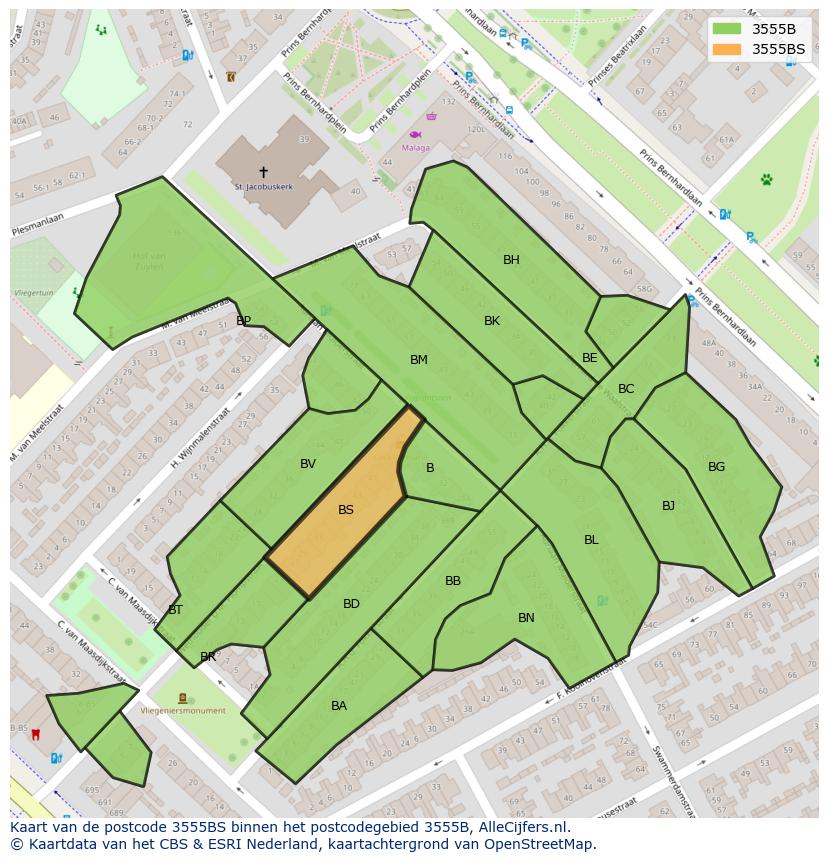 Afbeelding van het postcodegebied 3555 BS op de kaart.