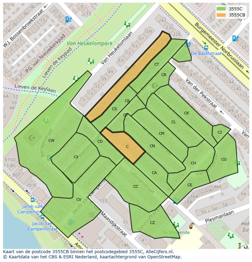 Afbeelding van het postcodegebied 3555 CB op de kaart.