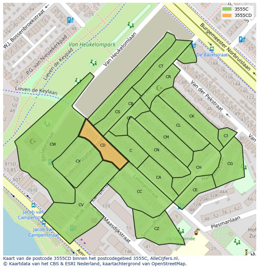 Afbeelding van het postcodegebied 3555 CD op de kaart.