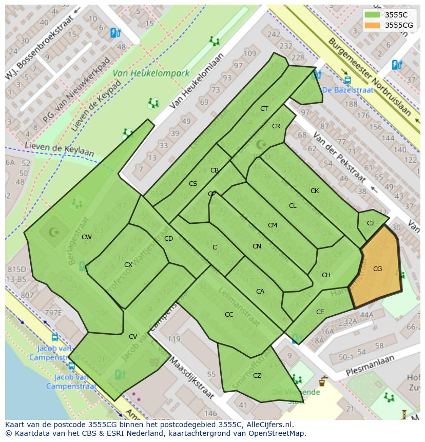 Afbeelding van het postcodegebied 3555 CG op de kaart.
