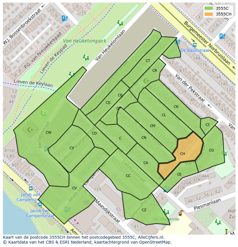 Afbeelding van het postcodegebied 3555 CH op de kaart.