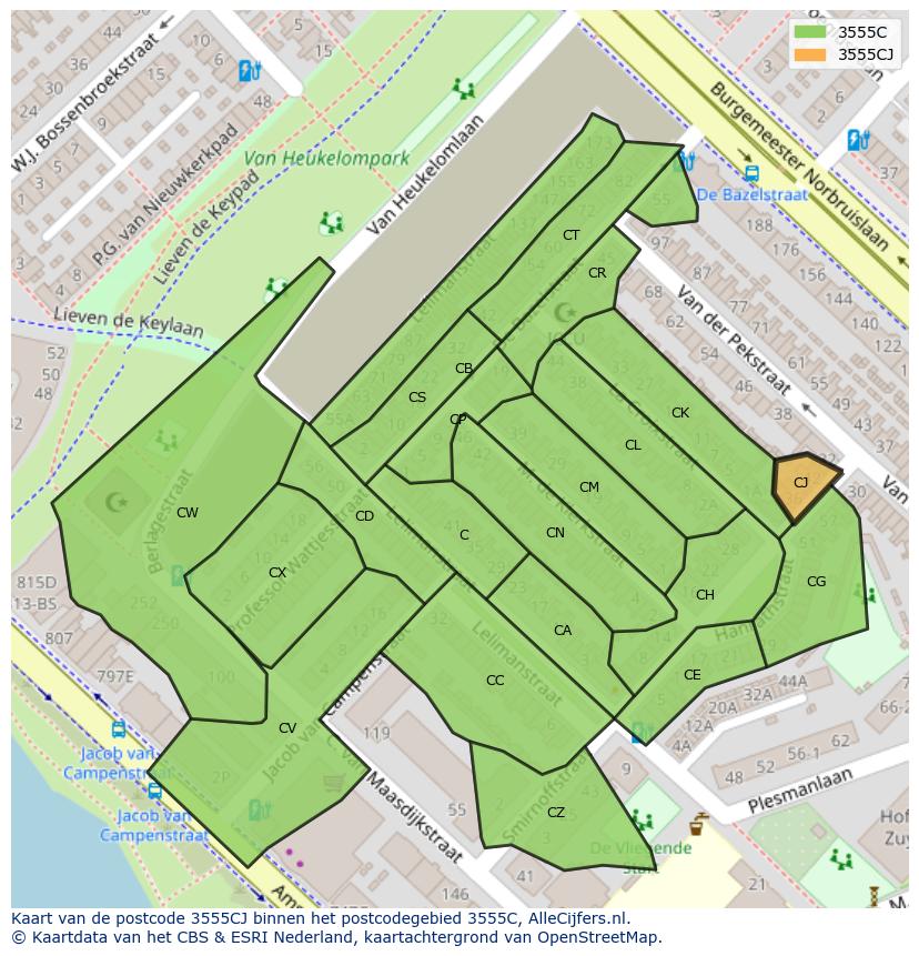 Afbeelding van het postcodegebied 3555 CJ op de kaart.