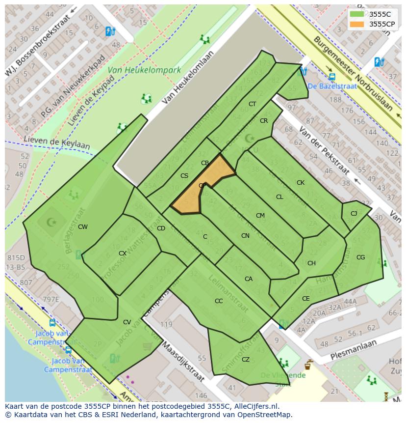 Afbeelding van het postcodegebied 3555 CP op de kaart.