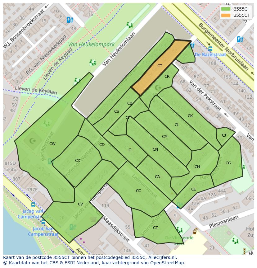 Afbeelding van het postcodegebied 3555 CT op de kaart.