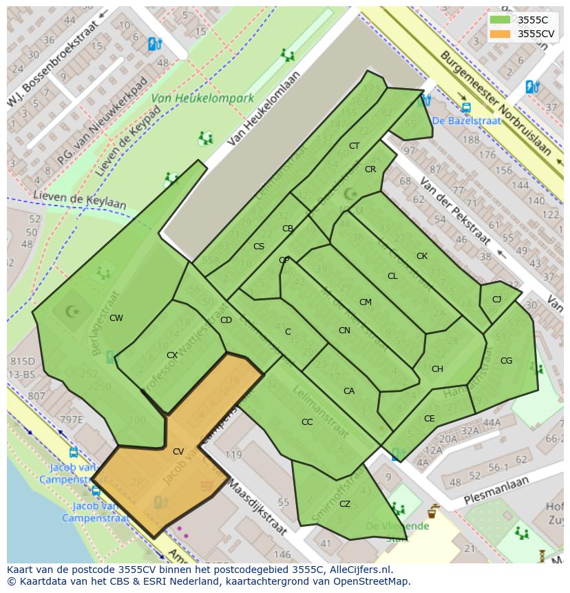 Afbeelding van het postcodegebied 3555 CV op de kaart.