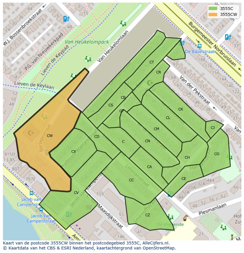 Afbeelding van het postcodegebied 3555 CW op de kaart.