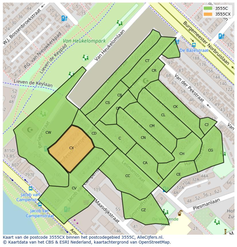 Afbeelding van het postcodegebied 3555 CX op de kaart.