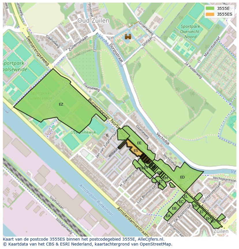 Afbeelding van het postcodegebied 3555 ES op de kaart.