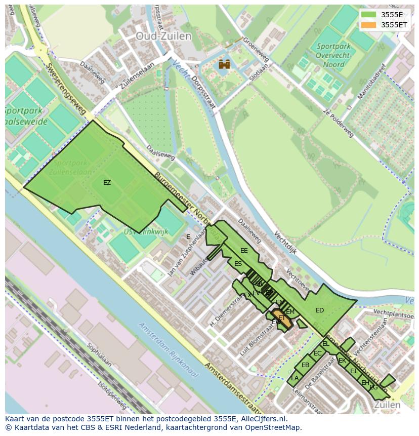 Afbeelding van het postcodegebied 3555 ET op de kaart.