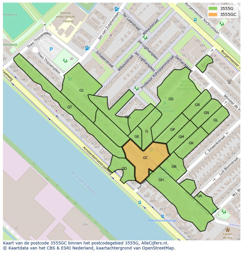 Afbeelding van het postcodegebied 3555 GC op de kaart.