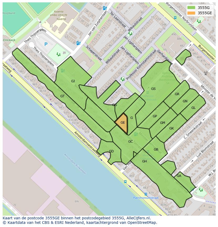 Afbeelding van het postcodegebied 3555 GE op de kaart.