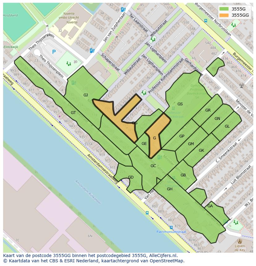 Afbeelding van het postcodegebied 3555 GG op de kaart.