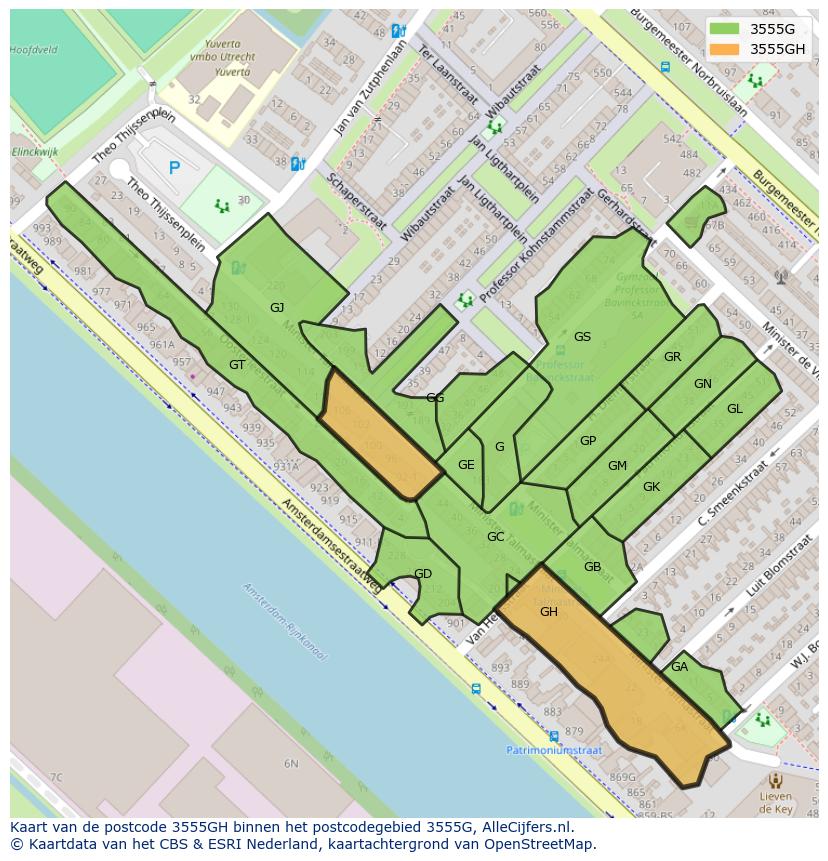 Afbeelding van het postcodegebied 3555 GH op de kaart.