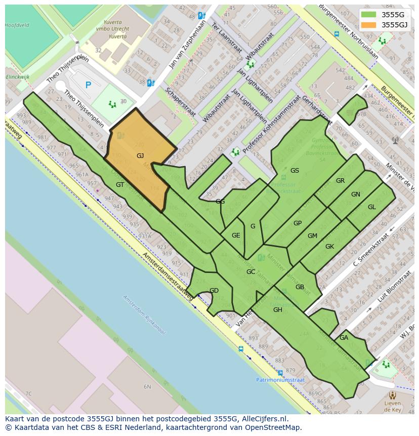 Afbeelding van het postcodegebied 3555 GJ op de kaart.