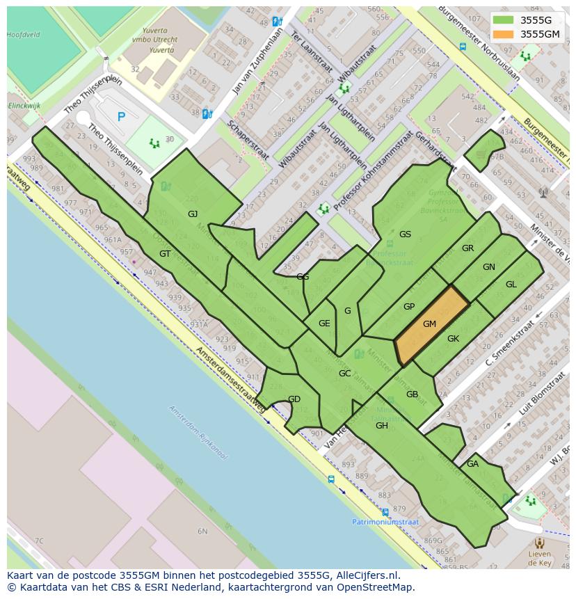 Afbeelding van het postcodegebied 3555 GM op de kaart.