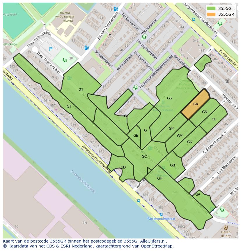 Afbeelding van het postcodegebied 3555 GR op de kaart.