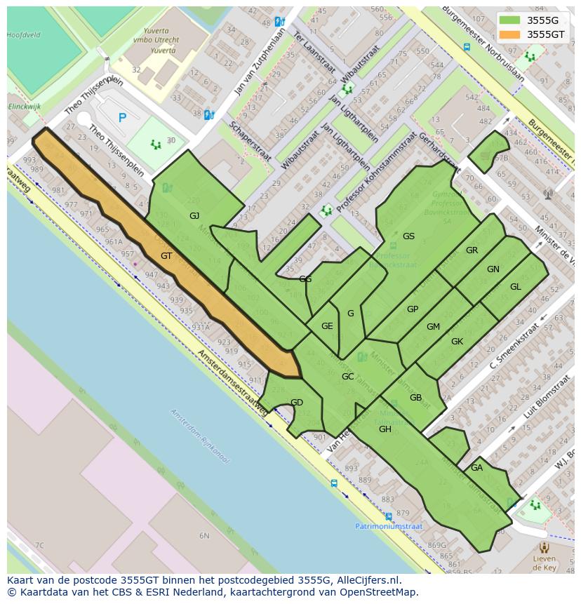 Afbeelding van het postcodegebied 3555 GT op de kaart.