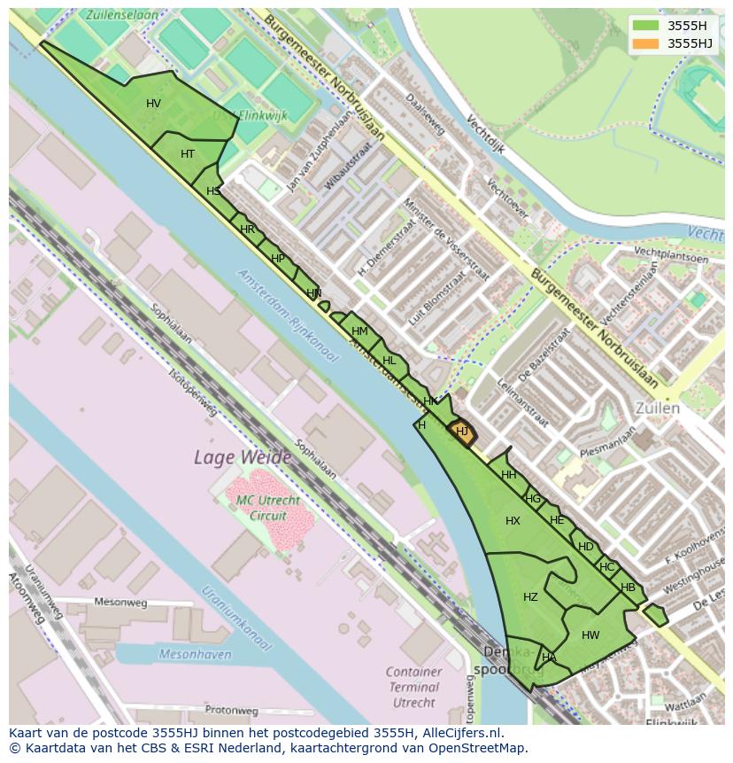 Afbeelding van het postcodegebied 3555 HJ op de kaart.