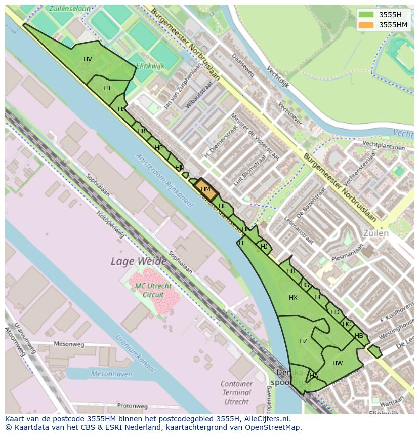 Afbeelding van het postcodegebied 3555 HM op de kaart.