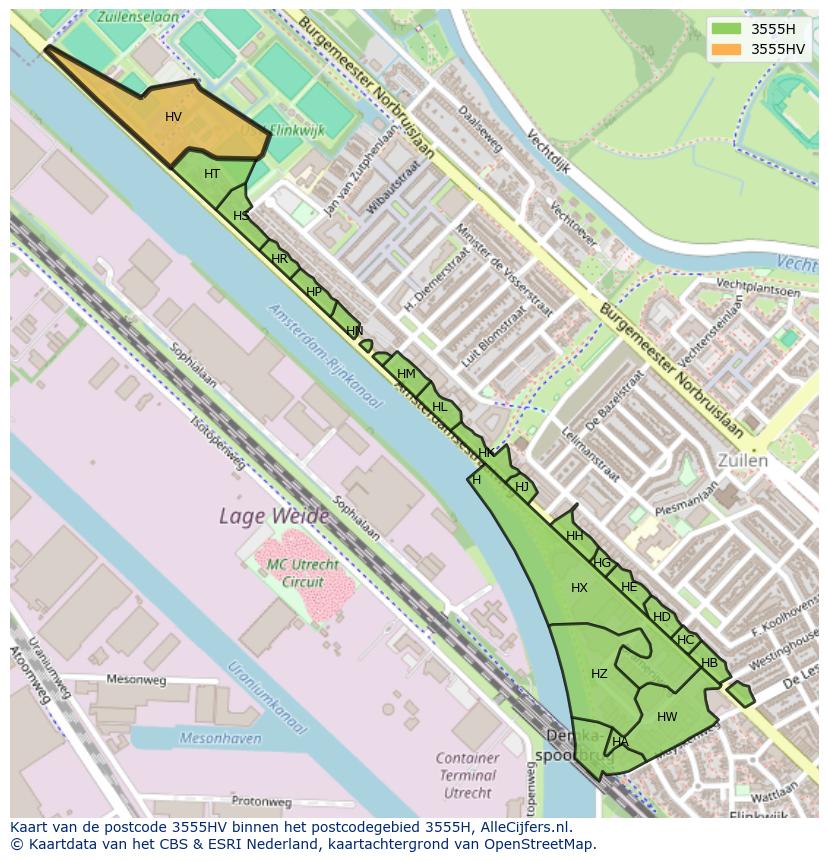 Afbeelding van het postcodegebied 3555 HV op de kaart.