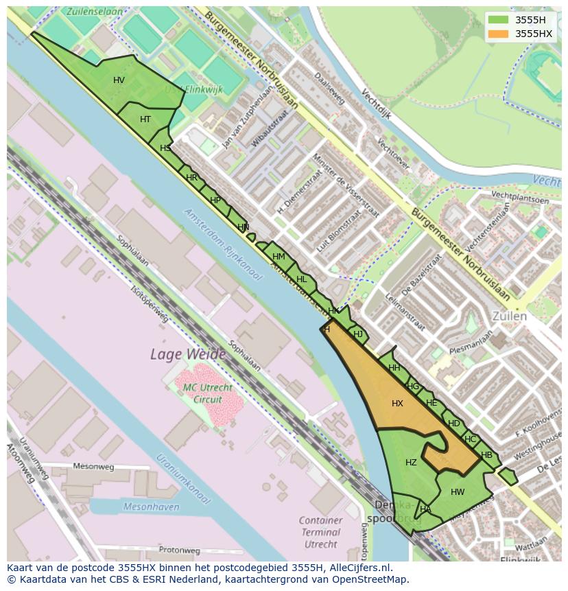 Afbeelding van het postcodegebied 3555 HX op de kaart.