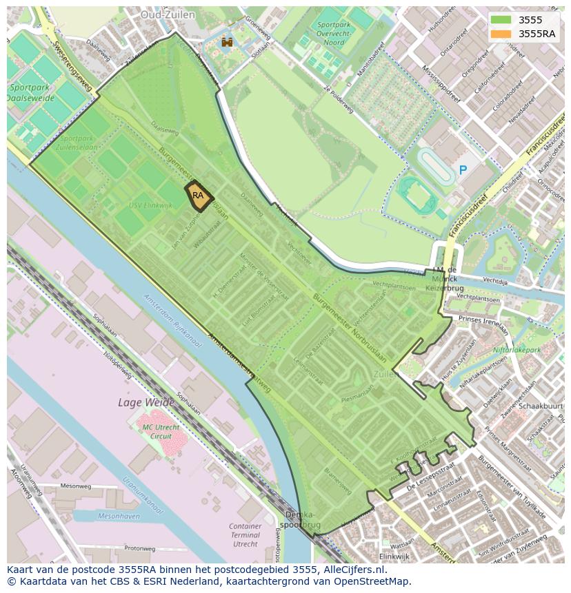 Afbeelding van het postcodegebied 3555 RA op de kaart.