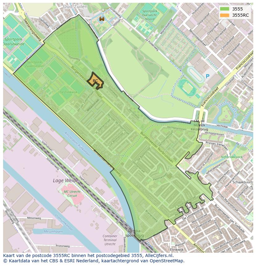 Afbeelding van het postcodegebied 3555 RC op de kaart.