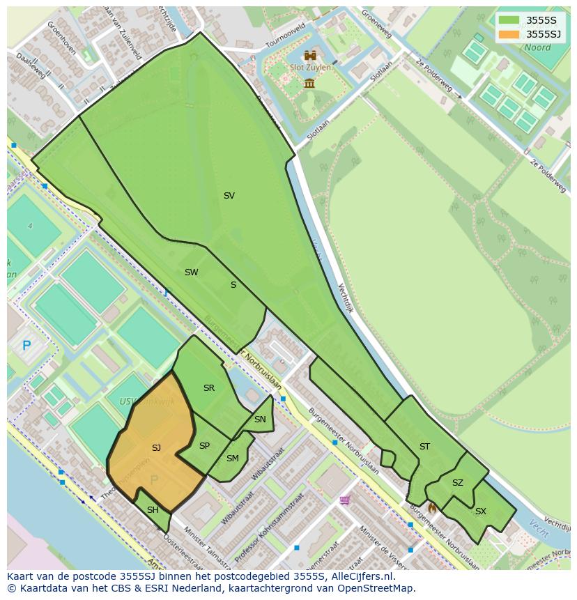 Afbeelding van het postcodegebied 3555 SJ op de kaart.