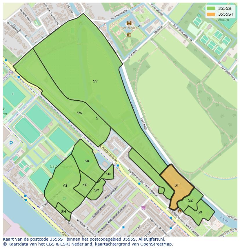 Afbeelding van het postcodegebied 3555 ST op de kaart.