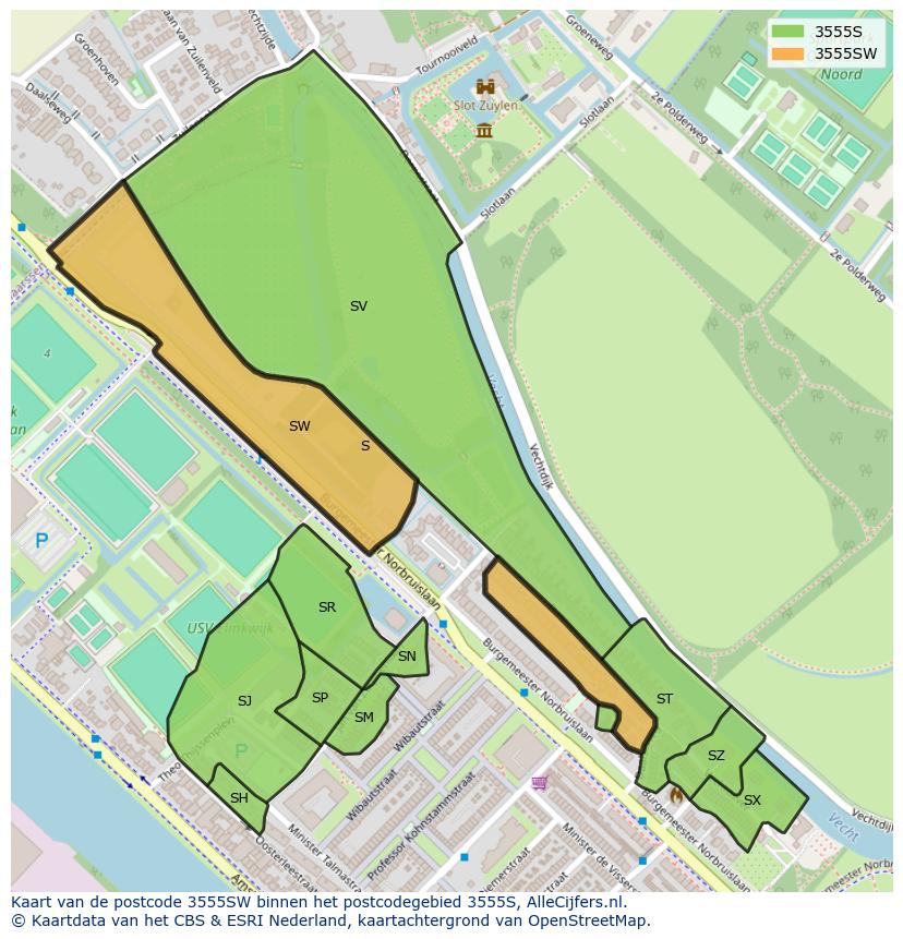 Afbeelding van het postcodegebied 3555 SW op de kaart.