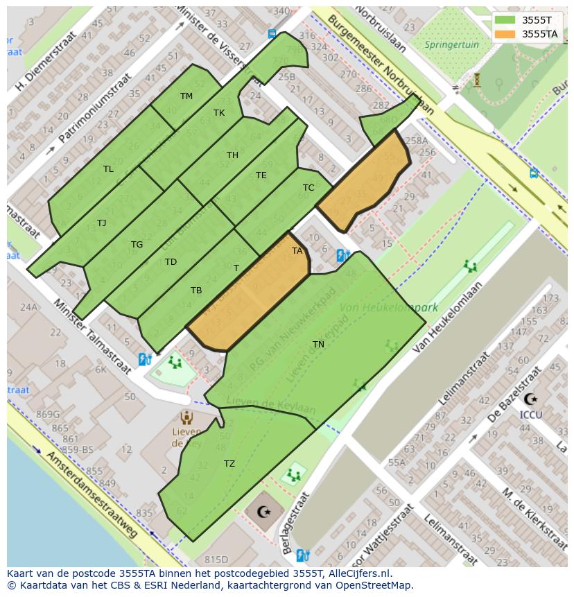 Afbeelding van het postcodegebied 3555 TA op de kaart.