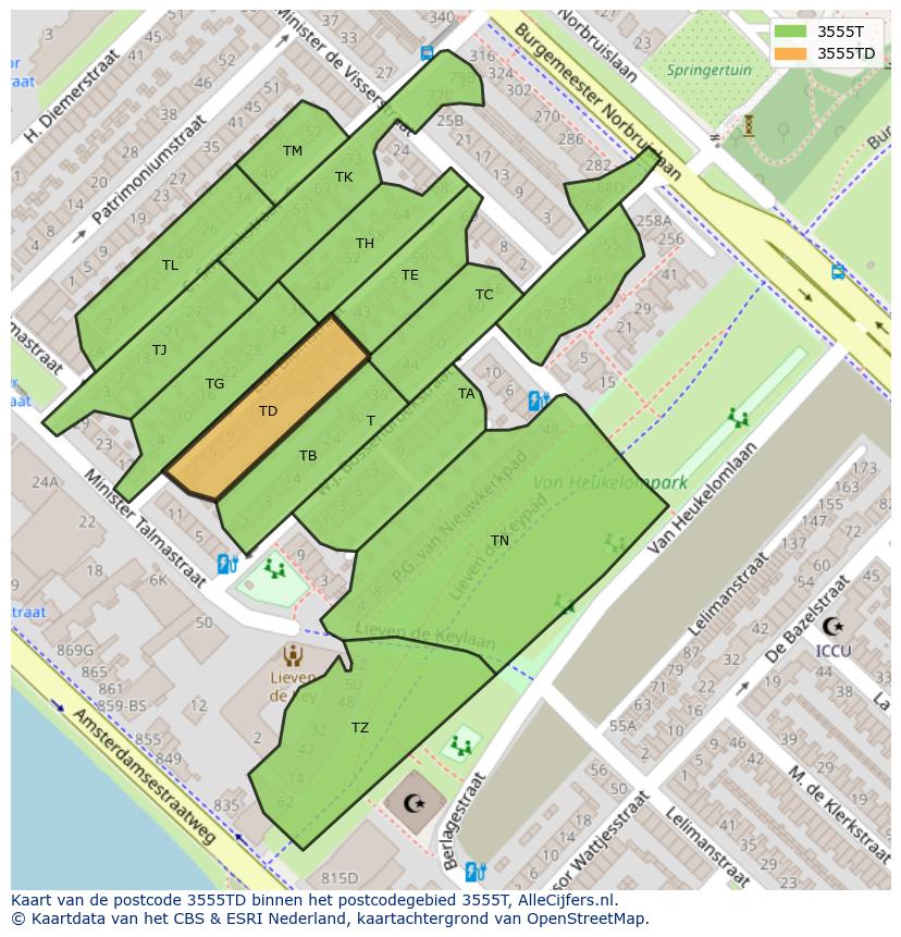 Afbeelding van het postcodegebied 3555 TD op de kaart.