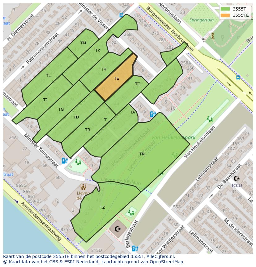 Afbeelding van het postcodegebied 3555 TE op de kaart.
